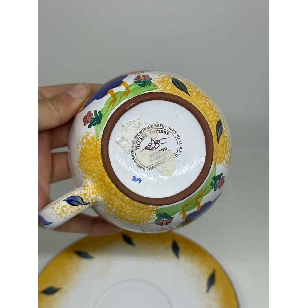 VTG‎ Herend Village Pottery Hungary Hand-Painted Rooster Coffee Cup & Saucer Set